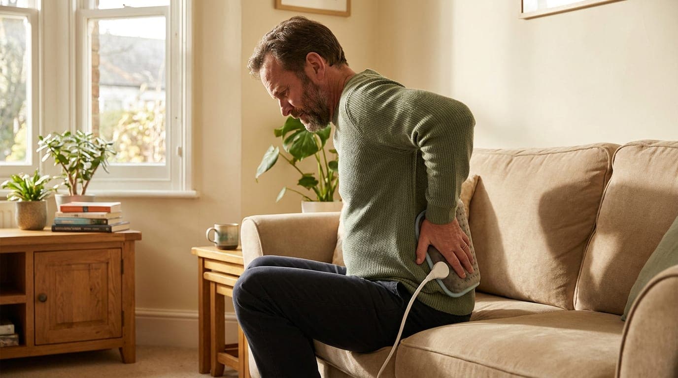 A man sits carefully on the edge of a couch in a sunlit living room, holding a heating pad against his lower back.