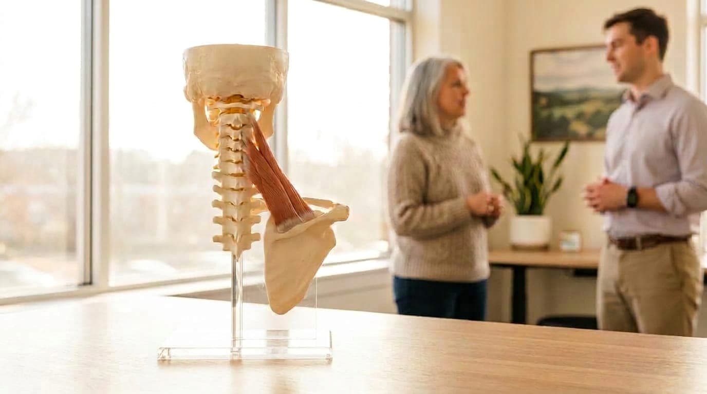 An anatomical model of the neck and upper back, mounted on a stand, shows the levator scapulae muscle, running from the upper cervical vertebrae down to the top inner corner of the shoulder blade.